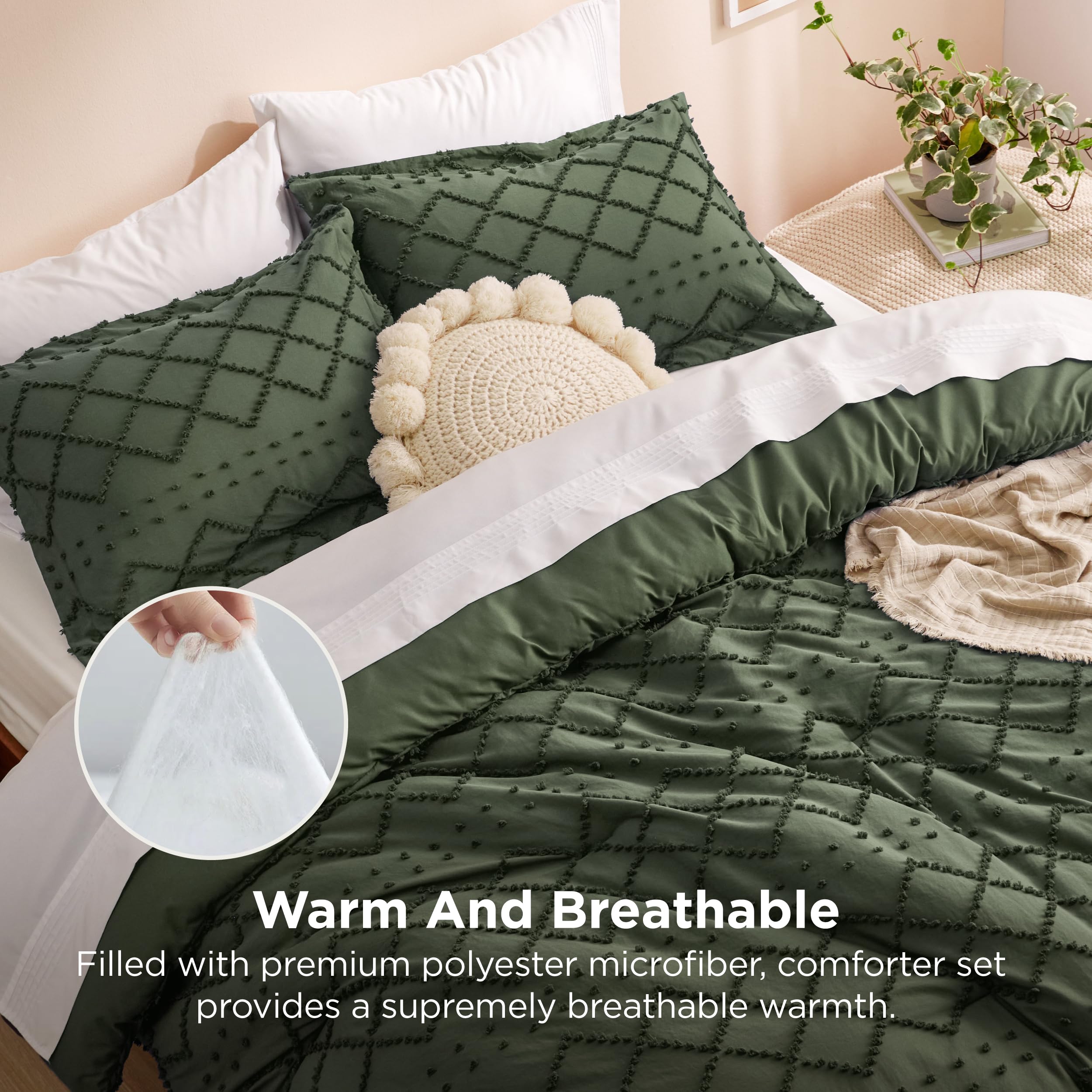 Bedsure Boho Tufted Olive Green Comforter Set, Queen | Distressed